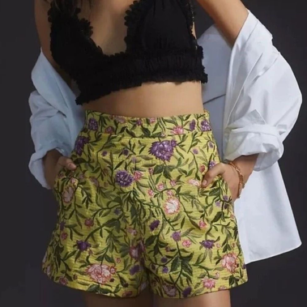 Anthropologie La Fuori Floral Embroidered Silk Shorts XXS
